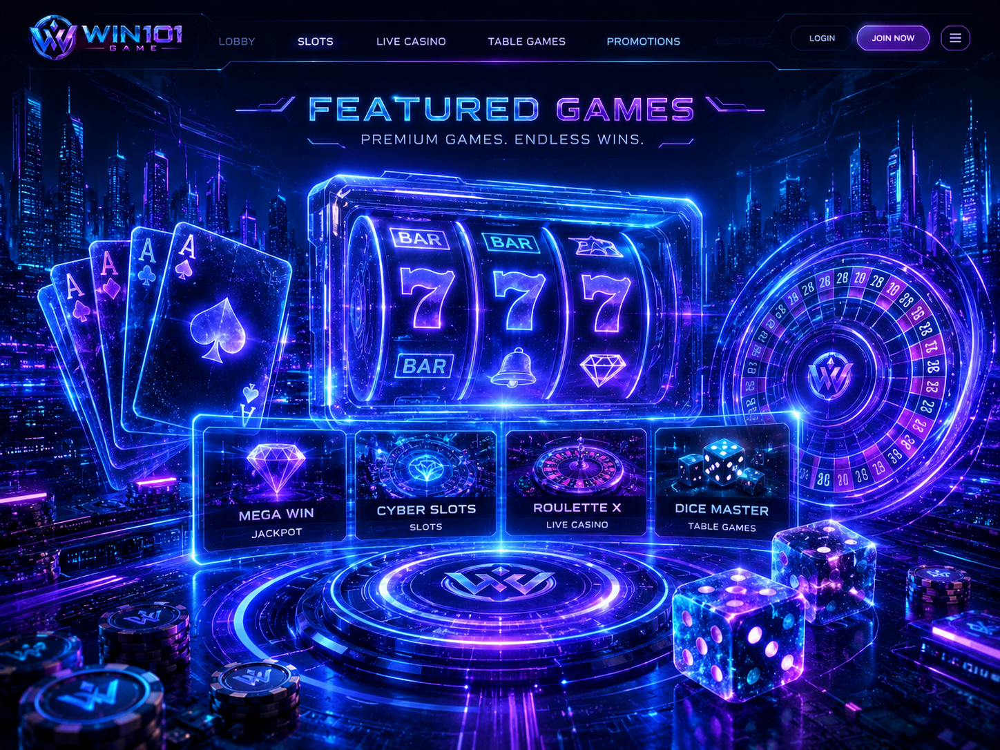 Win101 Game neon lobby panel with card, reel, roulette, and dice tiles